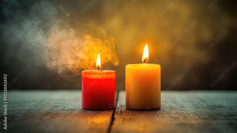 Two lit candles, one red and yellow, on wooden surface emitting smoke Two lit candles, one red and yellow, on wooden surface emitting smoke