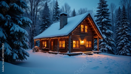 A rustic cabin in a snowy landscape, illuminated by warm Christmas lights