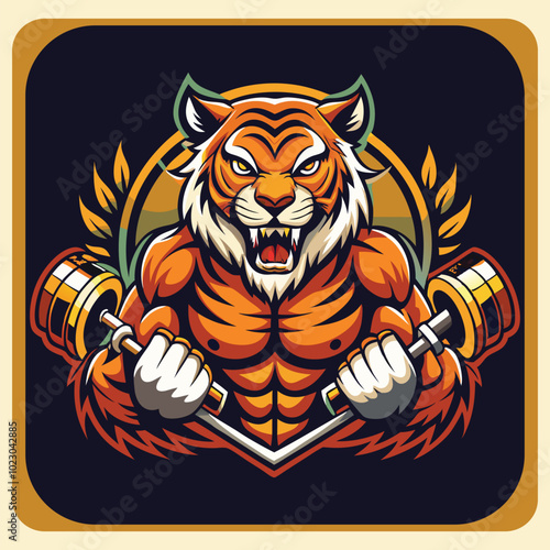 Angry tiger Bodybuilder with glowing Line around his body, dark background, illustration
