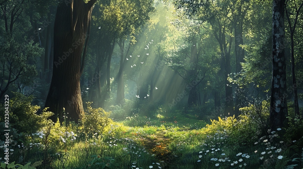 A serene sunlit forest features lush green undergrowth, creating a peaceful woodland landscape. A serene sunlit forest features lush green undergrowth, creating a peaceful woodland landscape.