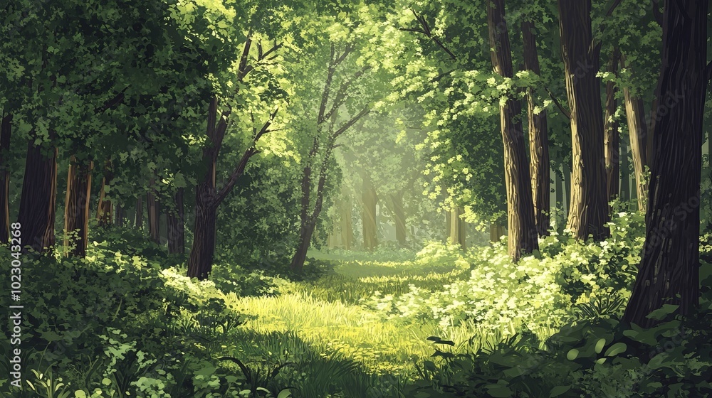 A serene sunlit forest features lush green undergrowth, creating a peaceful woodland landscape. A serene sunlit forest features lush green undergrowth, creating a peaceful woodland landscape.