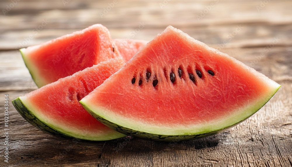 Fresh watermelon slices on a rustic wooden table, perfect for a summer snack or dessert Fresh watermelon slices on a rustic wooden table, perfect for a summer snack or dessert