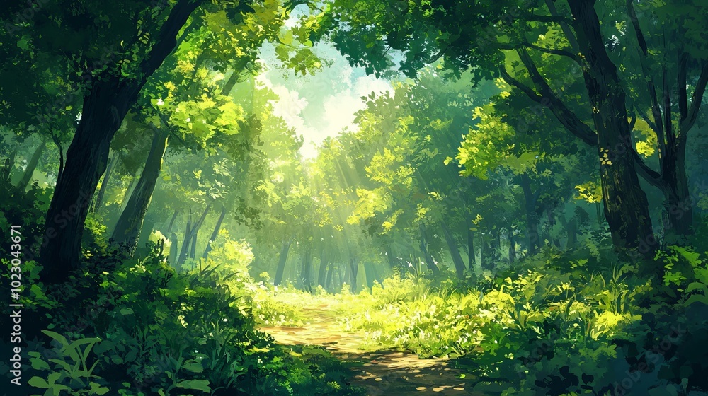 A sun-dappled forest with a dense green canopy creates an idyllic nature scene. Rays of sunlight filter through the thick foliage, casting warm, gentle light onto the forest floor. A sun-dappled forest with a dense green canopy creates an idyllic nature scene. Rays of sunlight filter through the thick foliage, casting warm, gentle light onto the forest floor.