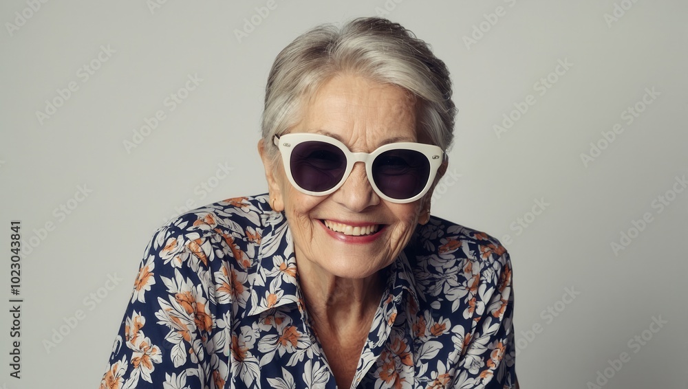 Close-up of smiling elderly woman with colorful round sunglasses, patterned blouse Close-up of smiling elderly woman with colorful round sunglasses, patterned blouse