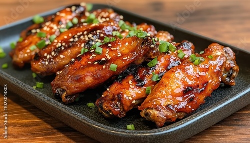 Spicy and crispy BBQ chicken wings served on a black plate garnished with green onions