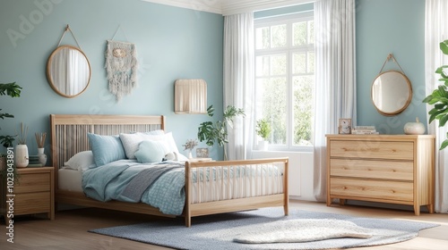 An interior view of a children's bedroom, showcasing soft blue decor and wooden furniture, designed for comfort and a family-friendly