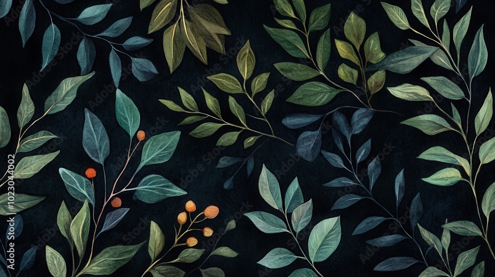 Detailed botanical watercolor illustration on dark background Detailed botanical watercolor illustration on dark background