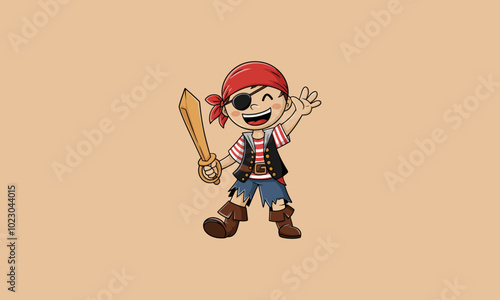 Cartoon pirate child with a wooden sword and eyepatch.