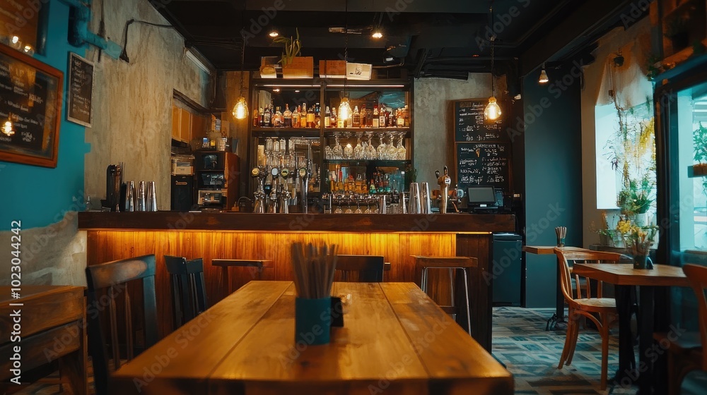 An inviting bar scene featuring a wooden table and retro counter, exuding a nostalgic atmosphere. An inviting bar scene featuring a wooden table and retro counter, exuding a nostalgic atmosphere.