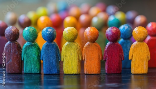 Building a diverse and inclusive leadership team with colorful wooden figures representing unity