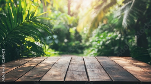 A wooden table top podium floor is set against the backdrop of a lush tropical garden, surrounded by blurred green leaves and vibrant plant life.