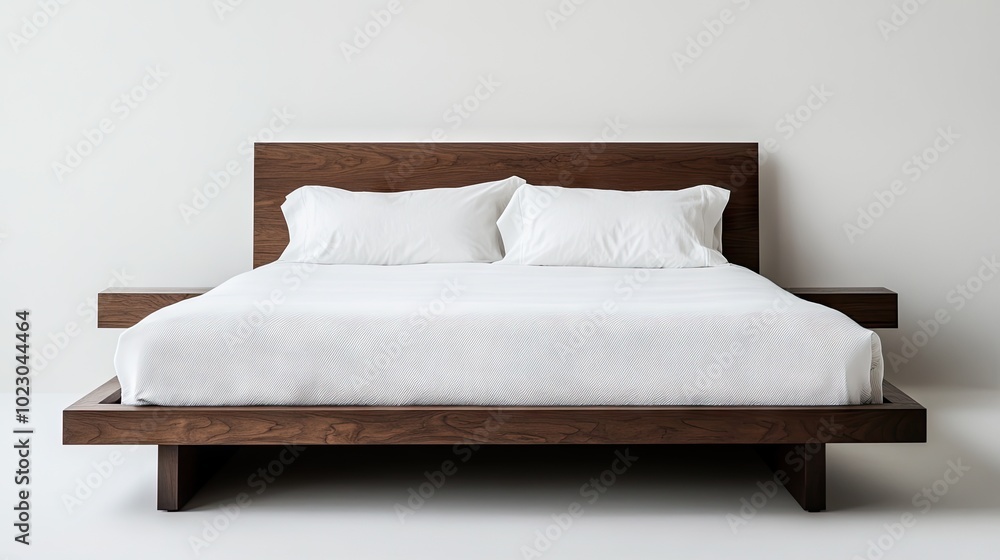 An inviting modern double bed with crisp white bedding, showcased against a white backdrop, illustrating a contemporary An inviting modern double bed with crisp white bedding, showcased against a white backdrop, illustrating a contemporary