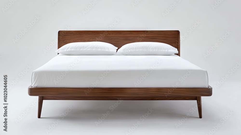 An inviting modern double bed with crisp white bedding, showcased against a white backdrop, illustrating a contemporary An inviting modern double bed with crisp white bedding, showcased against a white backdrop, illustrating a contemporary