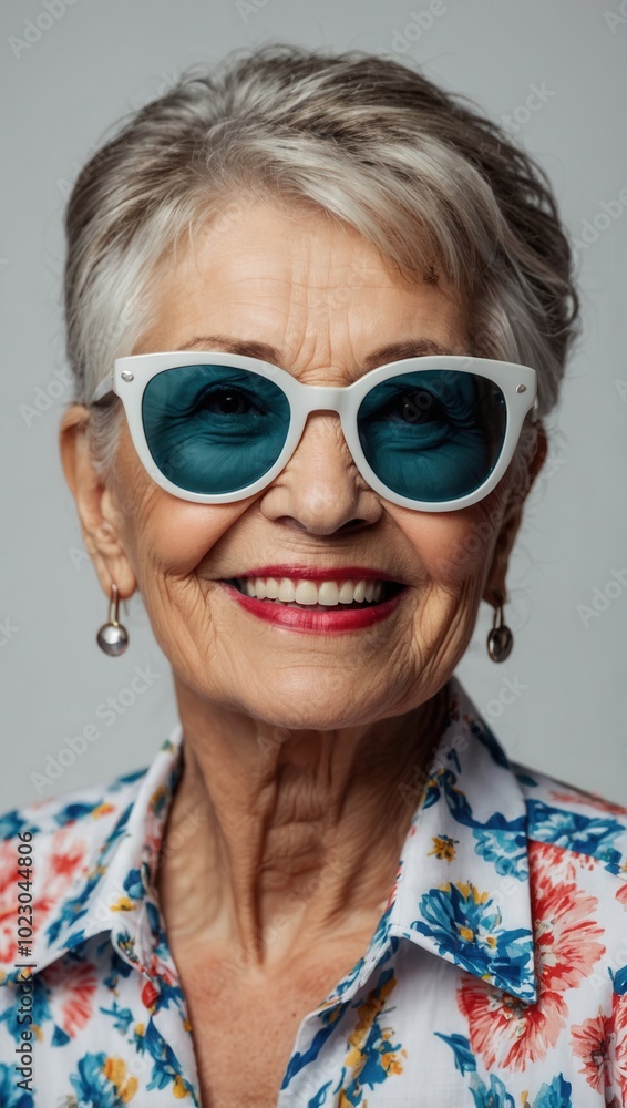 Elderly woman with oversized round sunglasses and floral blouse, cheerful expression Elderly woman with oversized round sunglasses and floral blouse, cheerful expression