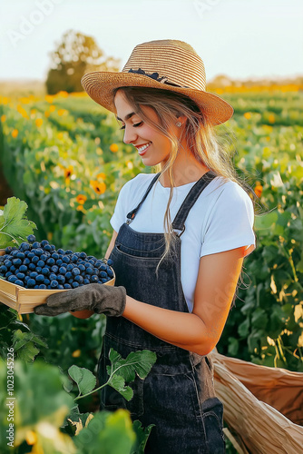 A farmer picking blueberries and posing for a photo.