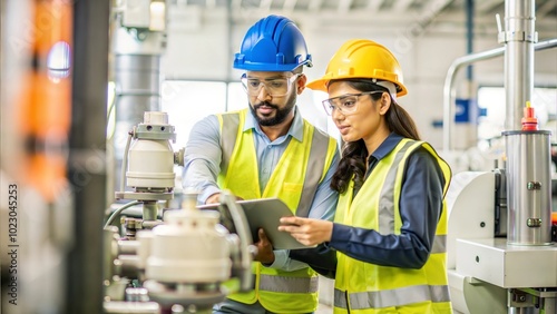 Two India engineers in hard hats and safety glasses inspecting and operating machinery in an industrial plant.