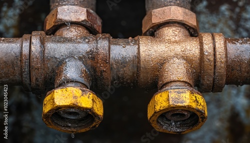 Cold water supply pipes with rusted fittings in a residential plumbing system