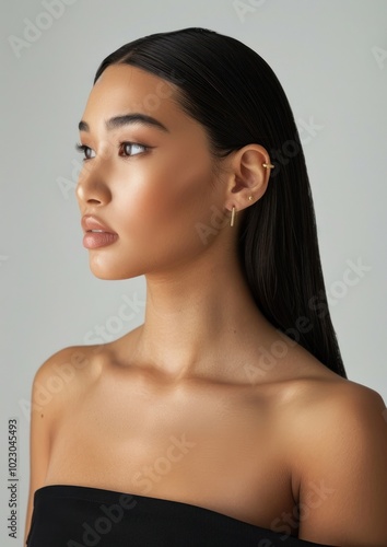 Gold earrings photography woman portrait. photo