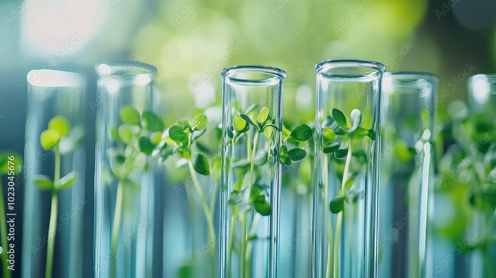 Close-Up View of Transparent Glass Test Tubes with Liquid and Microgreens: A Laboratory Concept for Growing Healthy Food and Exploring Sustainable Agriculture Practices. Close-Up View of Transparent Glass Test Tubes with Liquid and Microgreens: A Laboratory Concept for Growing Healthy Food and Exploring Sustainable Agriculture Practices.