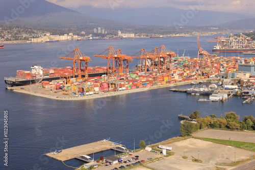 high angle view of Vancouver's DP World harbour cargo terminal