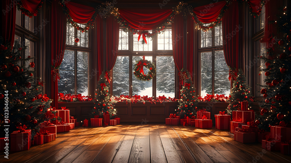 Wide Shot of a Large Window with Red Curtains, a Wooden Chair, and a Potted Plant. A cozy interior featuring a large window with flowing red curtains, a wooden chair in the corner, and a potted plant Wide Shot of a Large Window with Red Curtains, a Wooden Chair, and a Potted Plant. A cozy interior featuring a large window with flowing red curtains, a wooden chair in the corner, and a potted plant