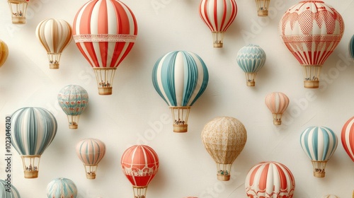 Different colored 3D hot air balloons in a repeating pattern, against a soft, feathered paper texture background, creating a light