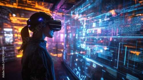 Digital data flows around a person wearing a virtual reality headset, blending the boundaries between physical and virtual