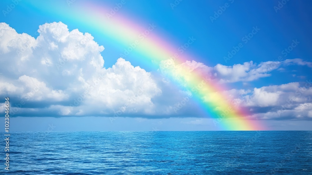 Vibrant rainbow arches over calm ocean beneath partly cloudy blue sky Vibrant rainbow arches over calm ocean beneath partly cloudy blue sky