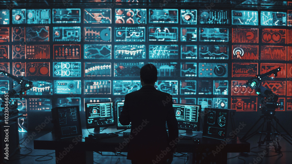 Analyst monitoring complex data visualization screens. Futuristic command center with advanced analytics displays. Cybersecurity expert overseeing network operations, digital infrastructure management Analyst monitoring complex data visualization screens. Futuristic command center with advanced analytics displays. Cybersecurity expert overseeing network operations, digital infrastructure management