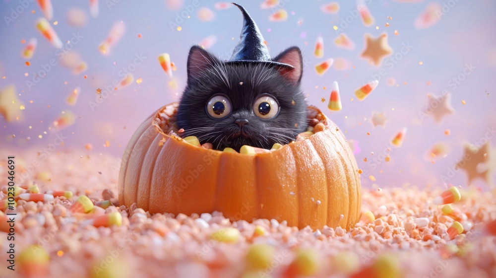 Fototapeta premium A cute black cat with big eyes, sitting inside a pumpkin with a tiny witch hat on, surrounded by floating stars and candy corn.