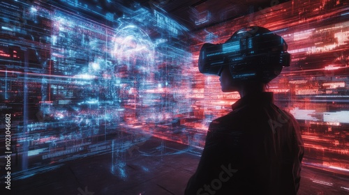 Digital data streams integrate into the physical space as a person uses a virtual reality headset, visualizing the future of next-gen