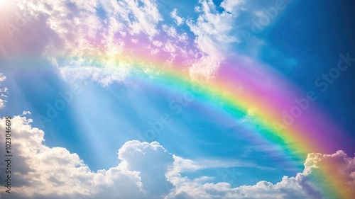 Vibrant rainbow arching across bright blue sky with clouds