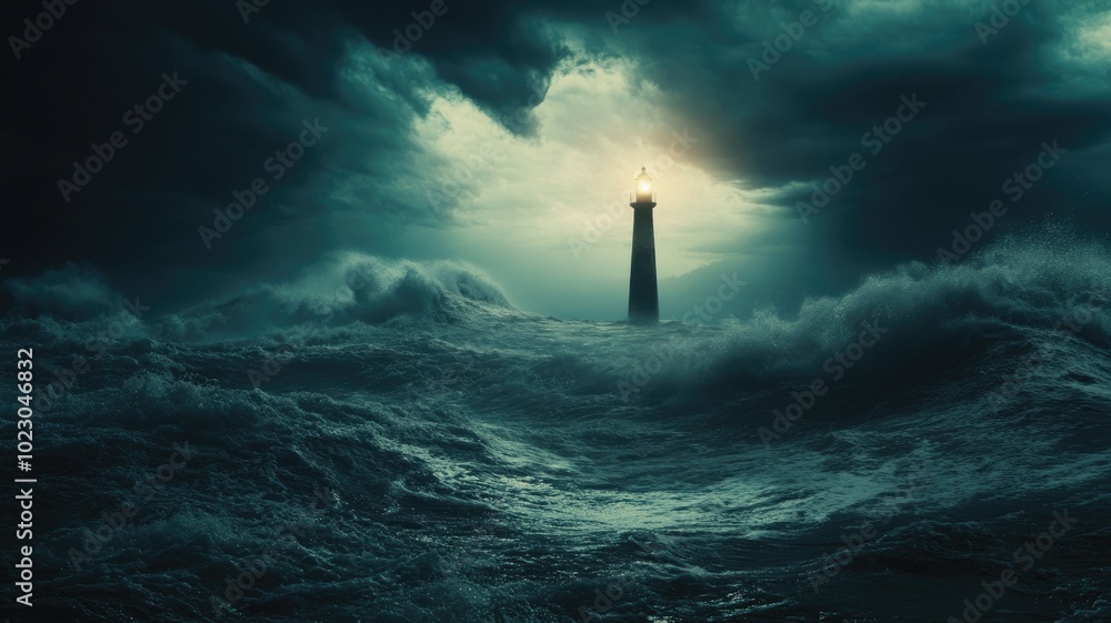 Lighthouse standing amidst tumultuous ocean waves under stormy sky Lighthouse standing amidst tumultuous ocean waves under stormy sky