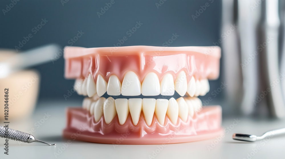 Close-up of a dental model with artificial teeth, surrounded by dental tools on a countertop in a dental office. Close-up of a dental model with artificial teeth, surrounded by dental tools on a countertop in a dental office.
