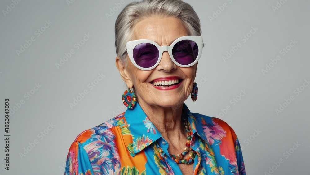 Elderly woman with vibrant purple sunglasses and floral top, smiling joyfully Elderly woman with vibrant purple sunglasses and floral top, smiling joyfully