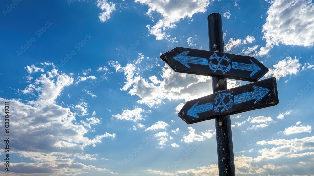 Two directional signs under partly cloudy blue sky Two directional signs under partly cloudy blue sky