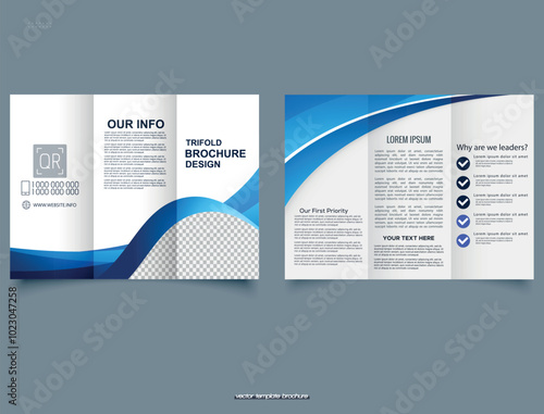 Tri fold wave brochure layout. Blue and white flyer. For design and print. This stylish trifold brochure template showcases a sleek design enhanced by elegant blue wave accents