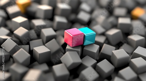 A blue and pink cube sit on top of a pile of grey cubes.