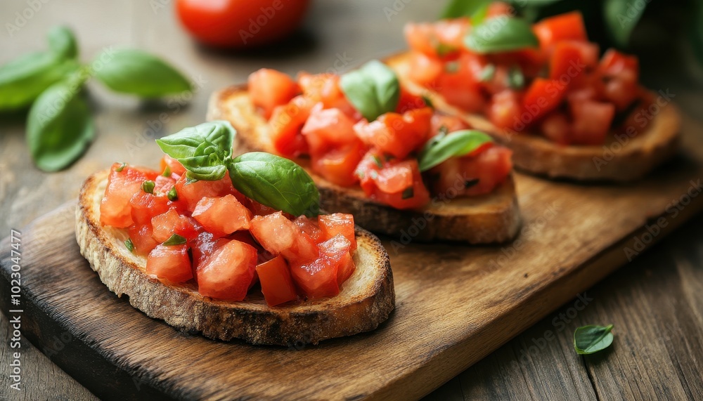 Fresh bruschetta topped with tomatoes and basil on wooden platter in a rustic kitchen setting Fresh bruschetta topped with tomatoes and basil on wooden platter in a rustic kitchen setting