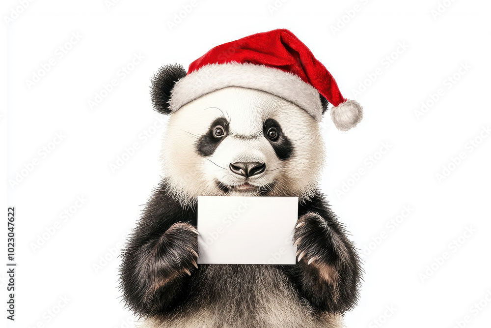 Panda in Santa Claus hat holds white card on white background, watercolor style Mock up Panda in Santa Claus hat holds white card on white background, watercolor style Mock up