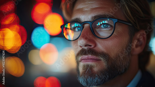 Under soft, colorful lights at night, a man with glasses reflects deeply while exhibiting a calm demeanor and thoughtful expression
