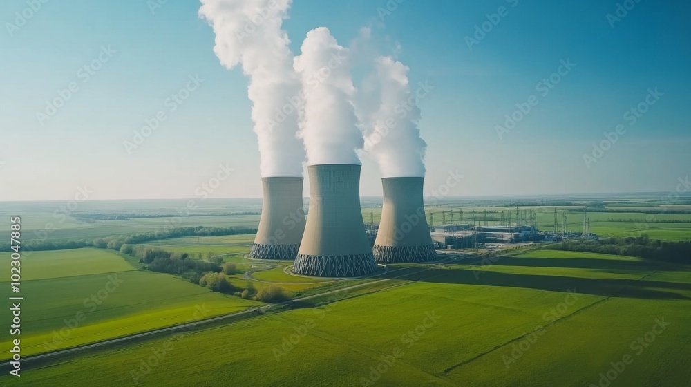 Aerial view of modern nuclear power plant with cooling towers emitting steam against clear blue sky, surrounded by lush green fields, symbolizing clean energy and environmental balance. Aerial view of modern nuclear power plant with cooling towers emitting steam against clear blue sky, surrounded by lush green fields, symbolizing clean energy and environmental balance.