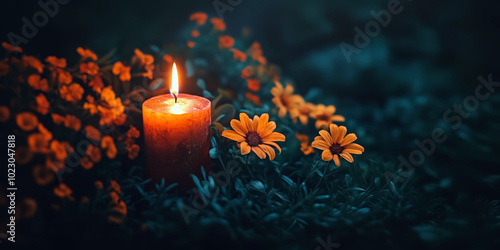 Burning candle with orange flowers in the dark with copy space for text. For All Saints Day, All Souls Day, Day of the Dead banner, background, wallpaper, postcard