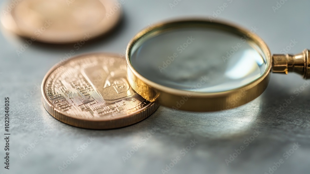 Close-up of magnifying glass over cryptocurrency coin on table Close-up of magnifying glass over cryptocurrency coin on table