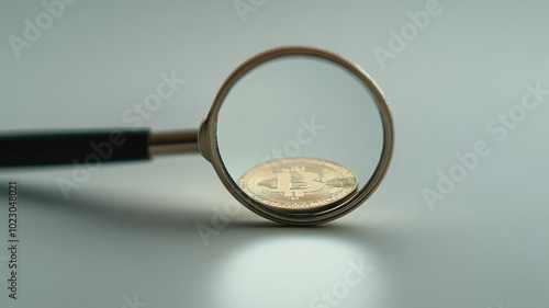 Magnifying glass focuses on Bitcoin coin, emphasizing its details