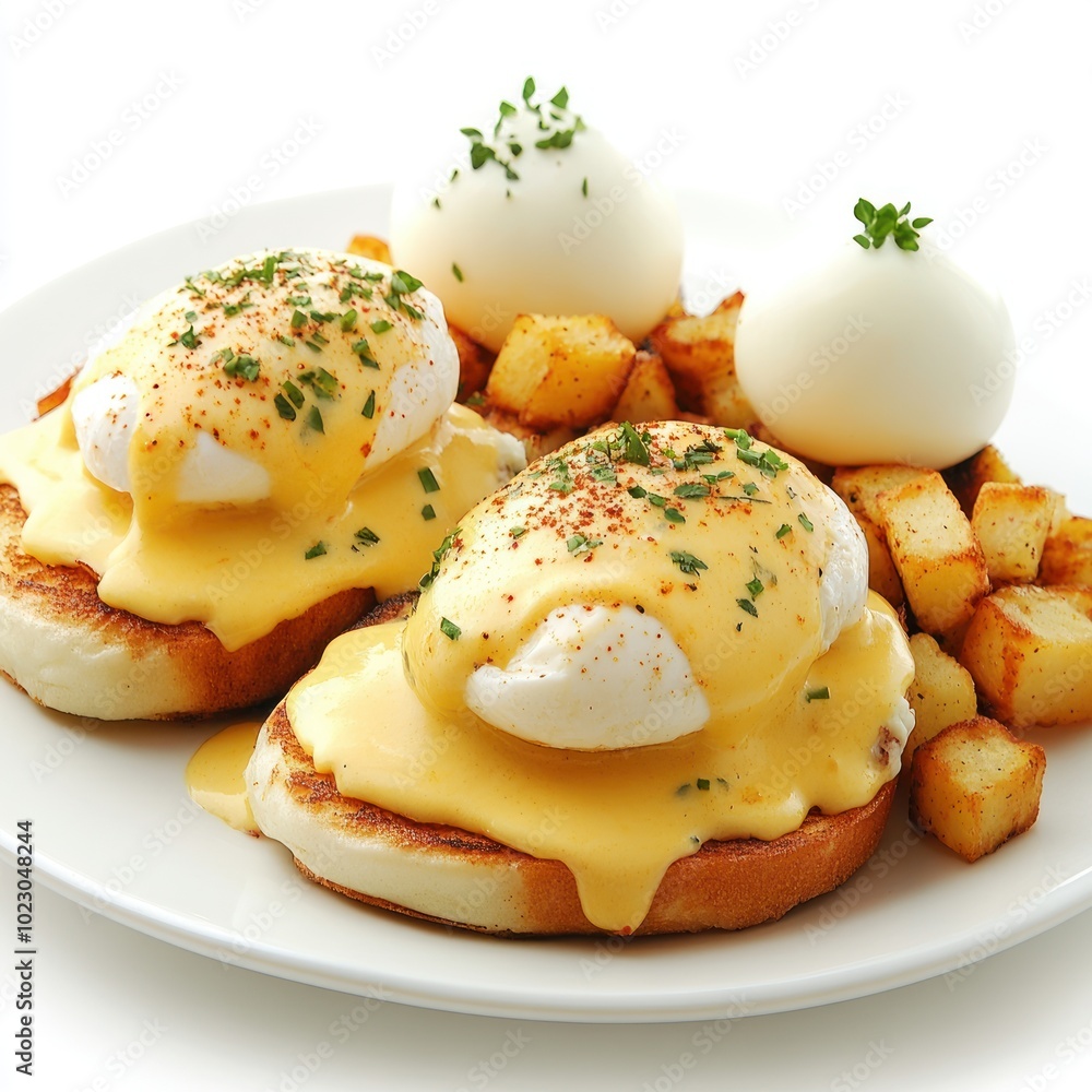 A plate of eggs Benedict with poached eggs, hollandaise sauce, and diced potatoes. A plate of eggs Benedict with poached eggs, hollandaise sauce, and diced potatoes.