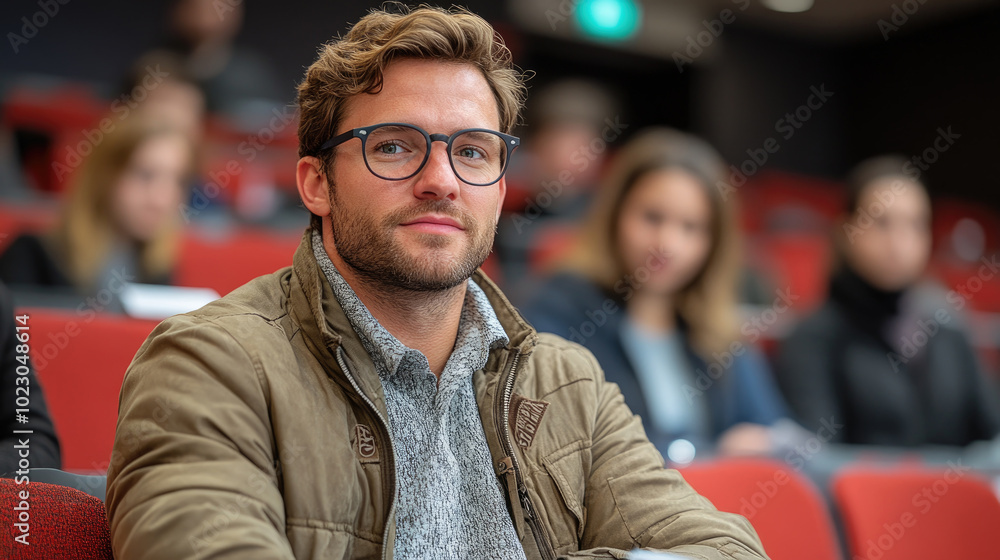 Fototapeta premium A young man in glasses sits in a lecture hall, focusing on the presentation while classmates around him engage in learning activities