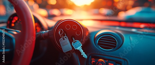 A close-up of a car's ignition with keys, highlighting the dashboard and sunset ambiance. photo