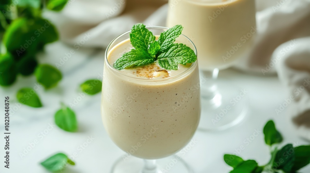 A close-up of a custard apple smoothie in a glass, garnished with mint leaves, beautifully styled on a bright white table for a refreshing drink A close-up of a custard apple smoothie in a glass, garnished with mint leaves, beautifully styled on a bright white table for a refreshing drink