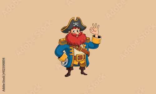 Cartoon pirate captain with a red beard making an "OK" sign.